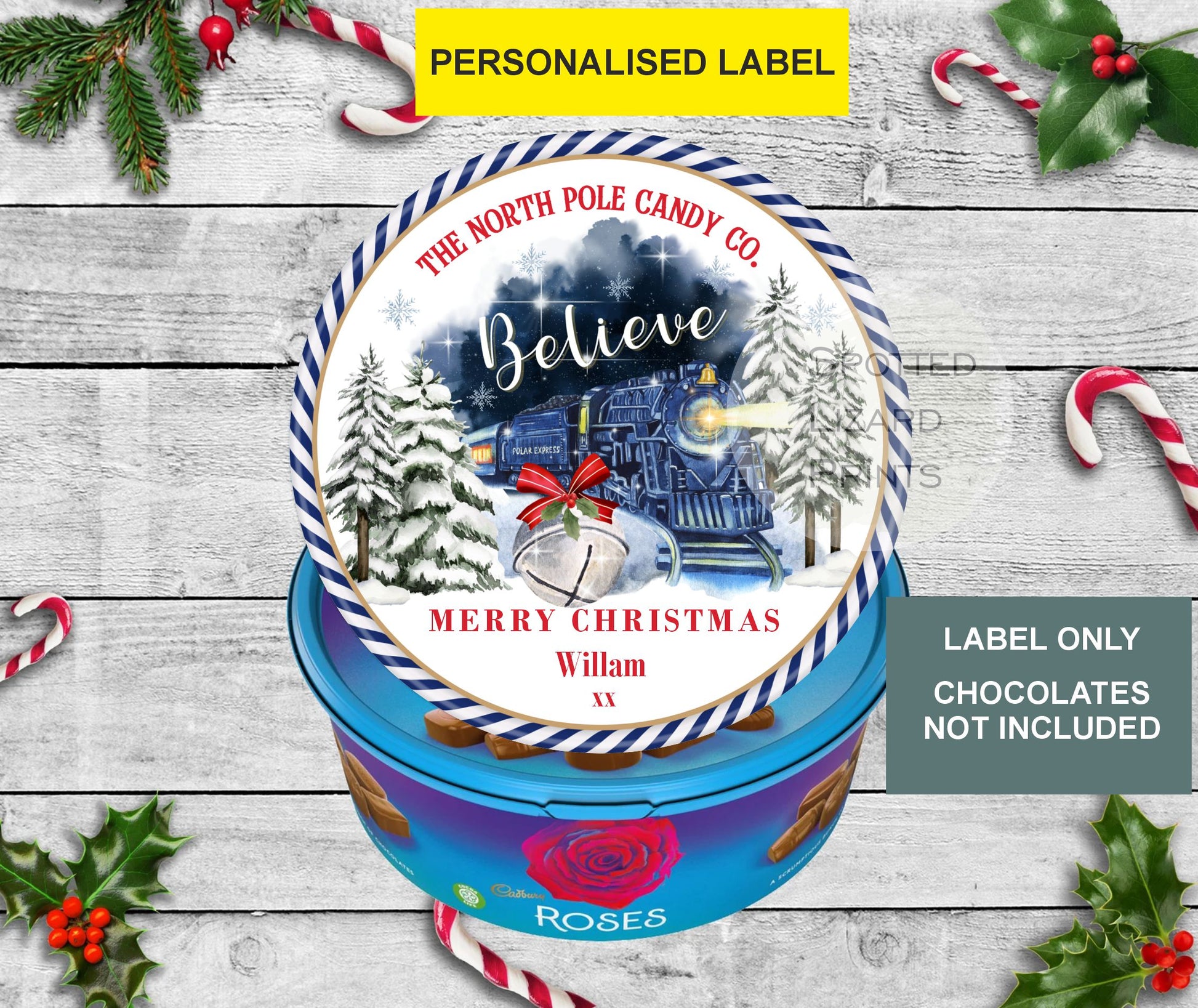 Personalised Christmas Chocolate Tub Labels, Merry Christmas Stickers 