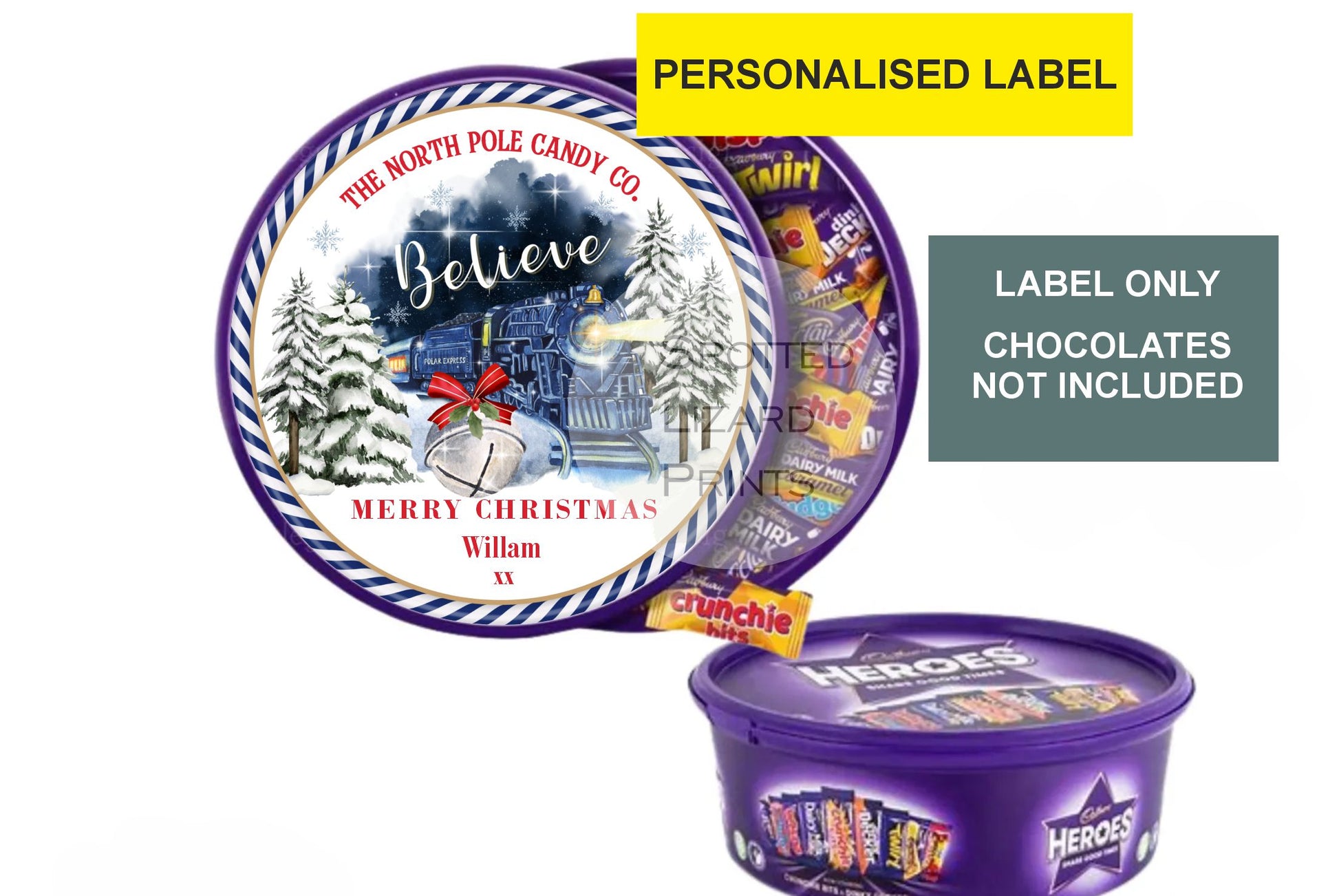 Personalised Christmas Chocolate Tub Labels, Merry Christmas Stickers 