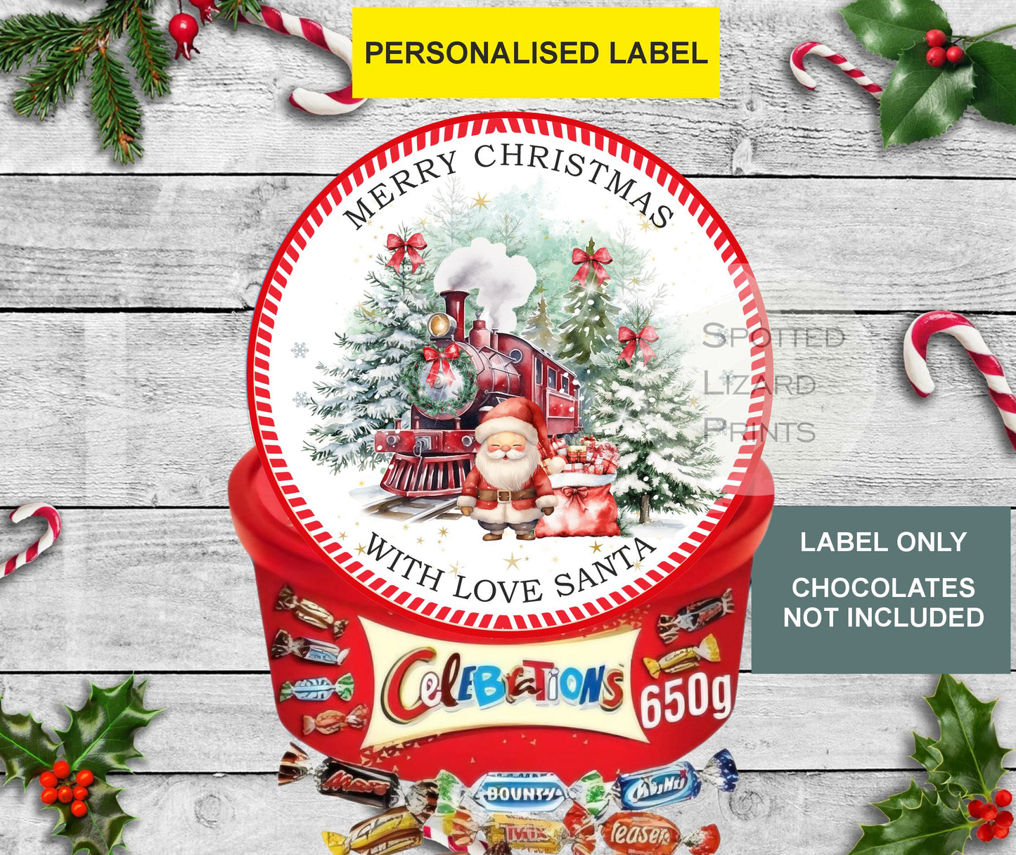 Personalised Christmas Chocolate Tub Labels, Merry Christmas Stickers 