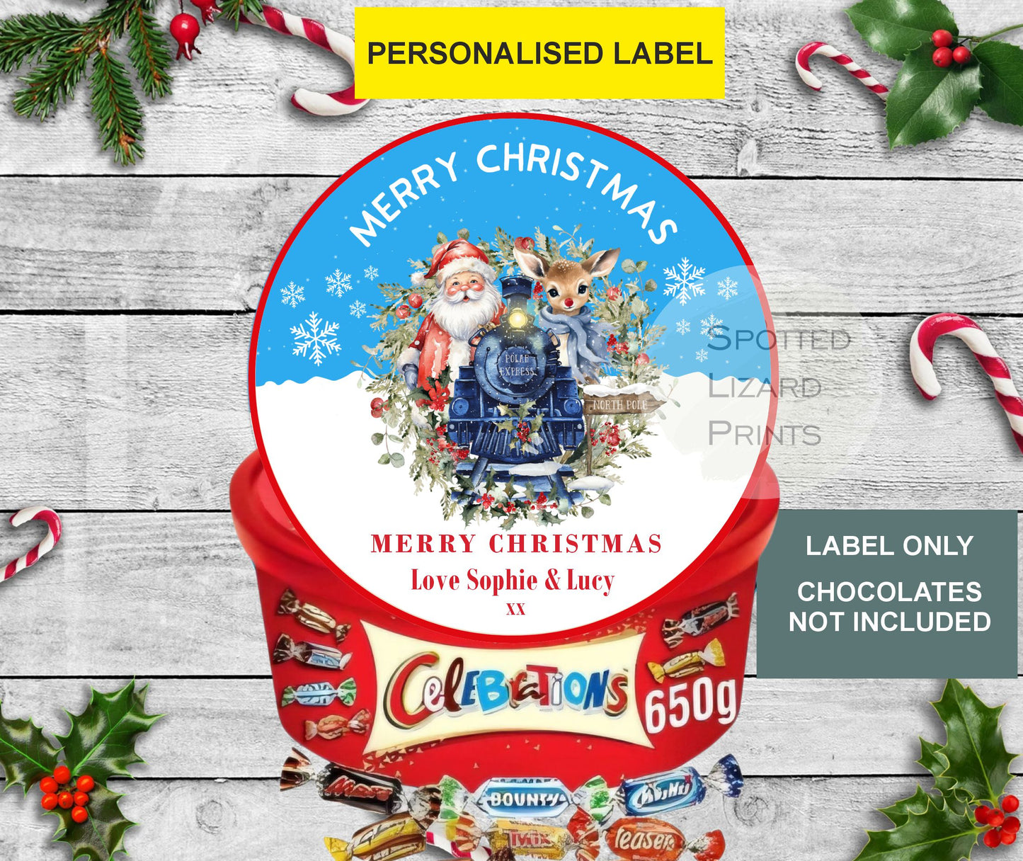 Personalised Christmas Chocolate Tub Labels, Merry Christmas Stickers