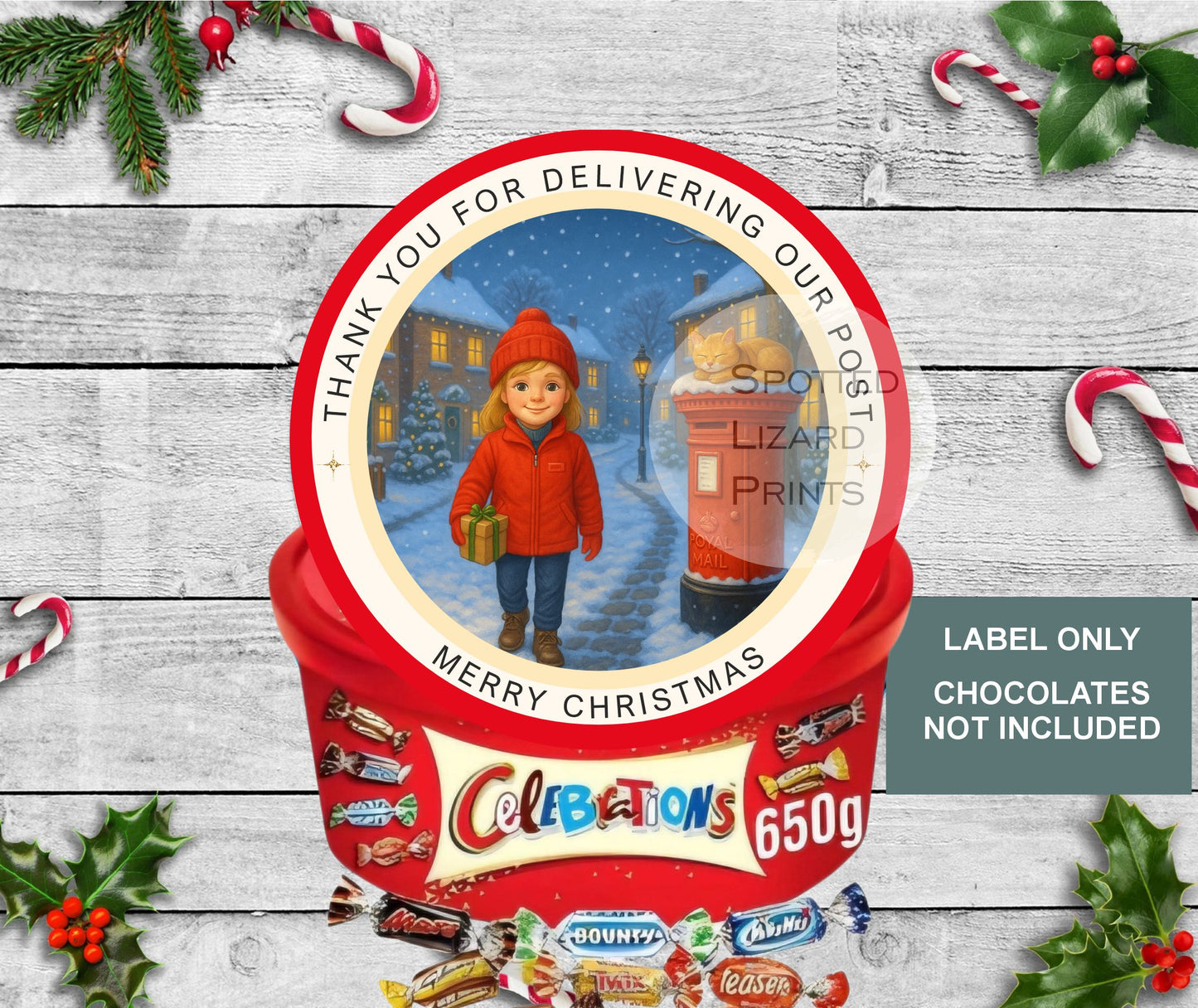 post lady Christmas Chocolate Tub Labels, Delivery Stickers | Festive Sweet Tub Decoration Made to fit Celebrations, Heroes