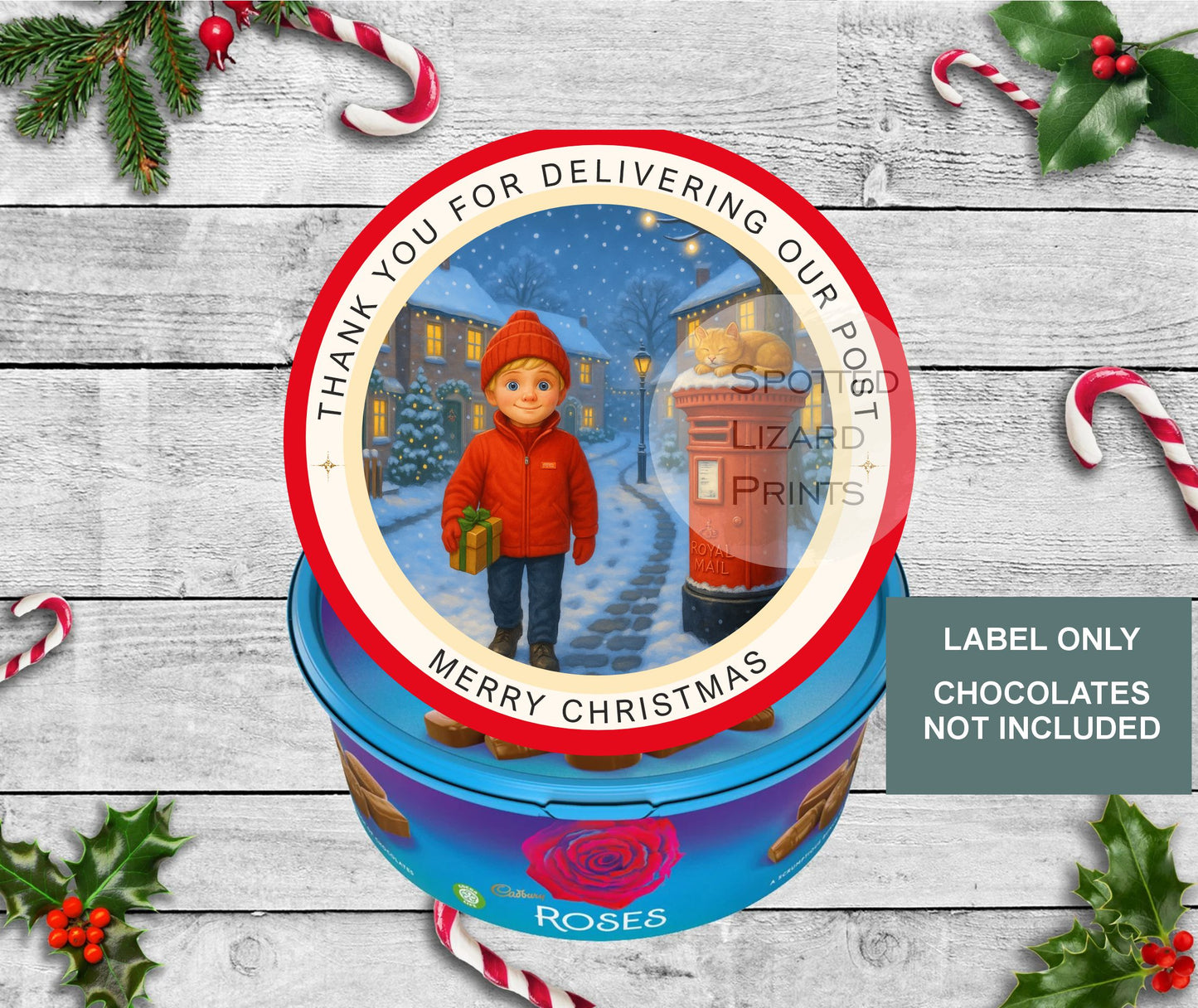 Postman Christmas Chocolate Tub Labels, Delivery Stickers | Festive Sweet Tub Decoration Made to fit Celebrations, Heroes