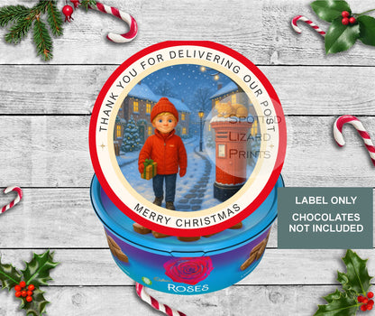 Postman Christmas Chocolate Tub Labels, Delivery Stickers | Festive Sweet Tub Decoration Made to fit Celebrations, Heroes