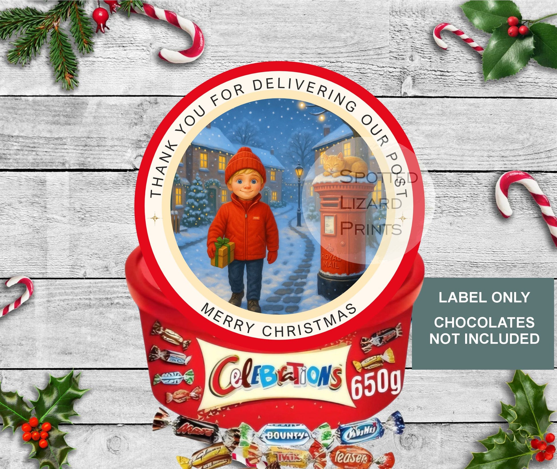 Postman Christmas Chocolate Tub Labels, Delivery Stickers | Festive Sweet Tub Decoration Made to fit Celebrations, Heroes