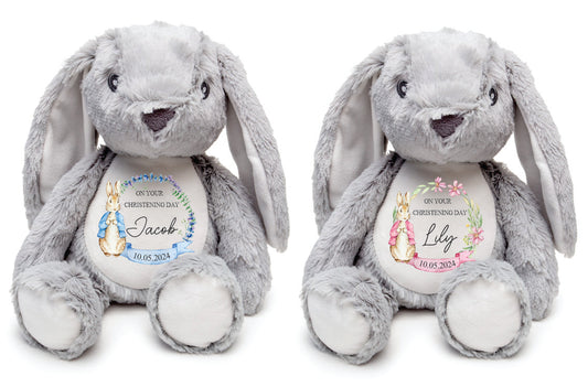 christening teddy, personalised, rabbit soft toy