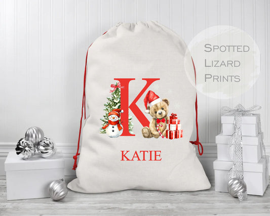 personalised santa sack with initial and name