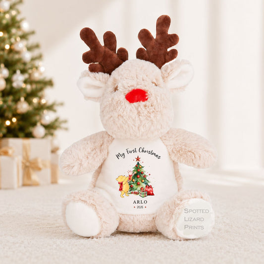 Personalised Teddy Christmas Reindeer | Babys First Xmas | 1st Christmas Keepsake | Xmas Eve Gift | Soft Toy Winnie the Pooh Christmas