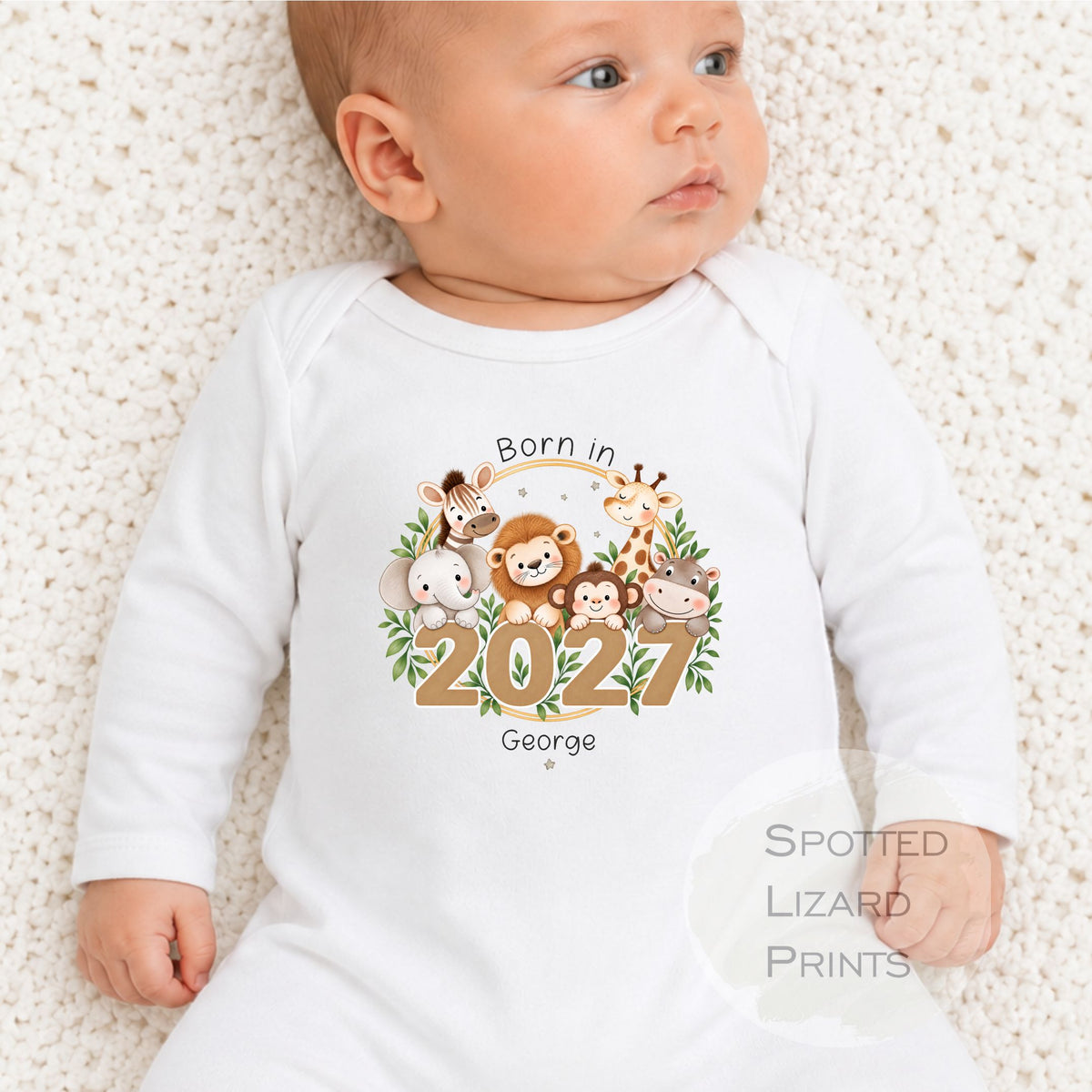 Personalised Born in 2027 Baby Outfit, Safari Animal baby grow, New Baby Arrival Rompersuit, Newborn Baby Gift Baby Grow Personalised