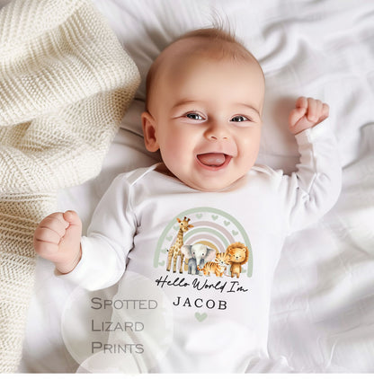Hello World I'm Baby Vest, Baby Rompersuit- New baby arrival Vest, Sleepsuit - Safari New Baby Outfit