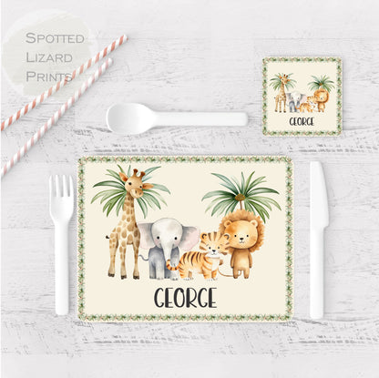 Personalised Safari Placemat and Coaster Set, Kid's Dinner Set, Safari gift, Children's Birthday Gift, Safari Placemat