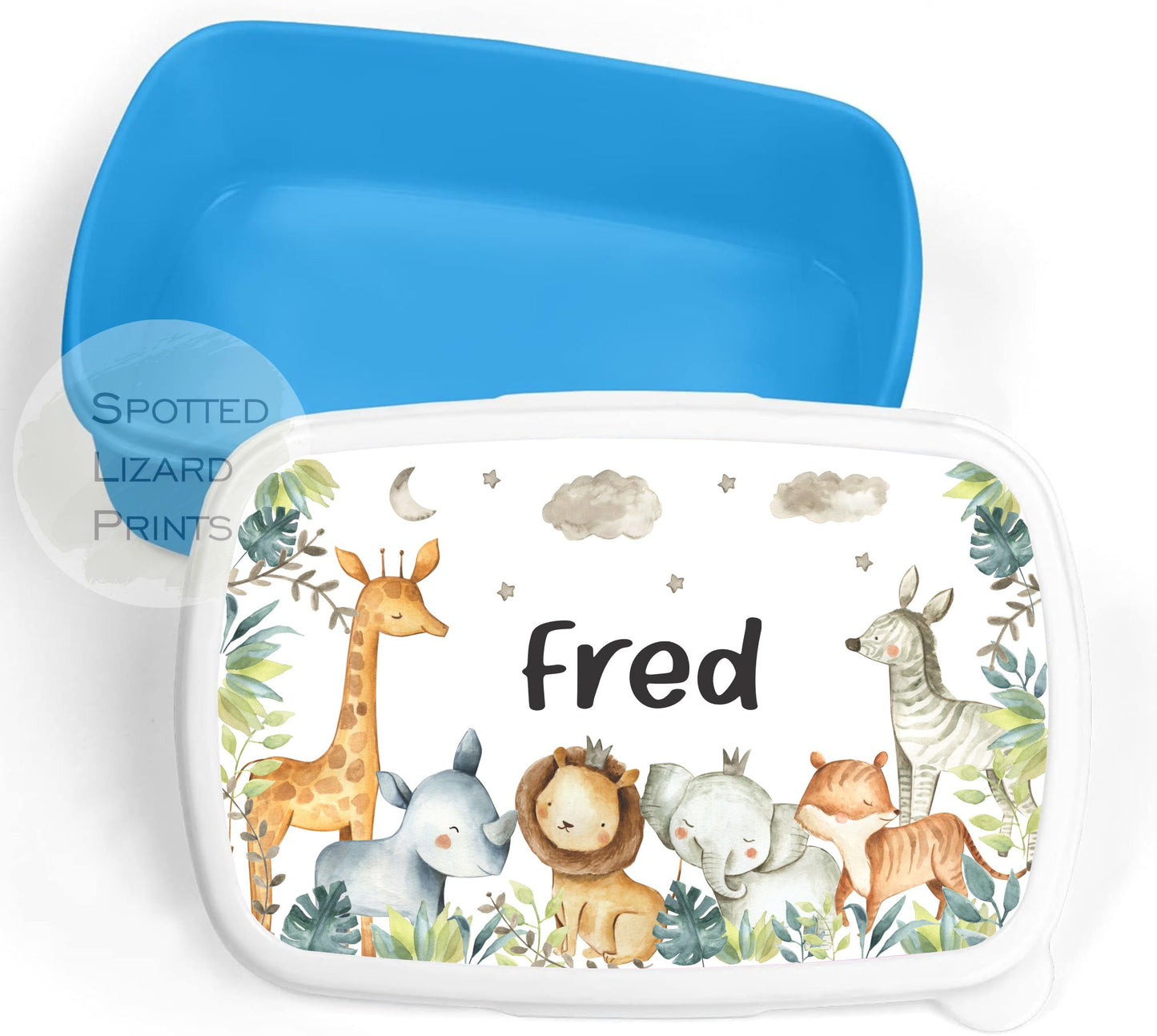 Blue Kids lunch Box. Diggers. Personalised with a name.