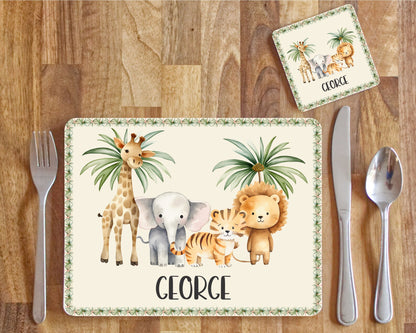 personalised kids safari dinner placemat and coaster set