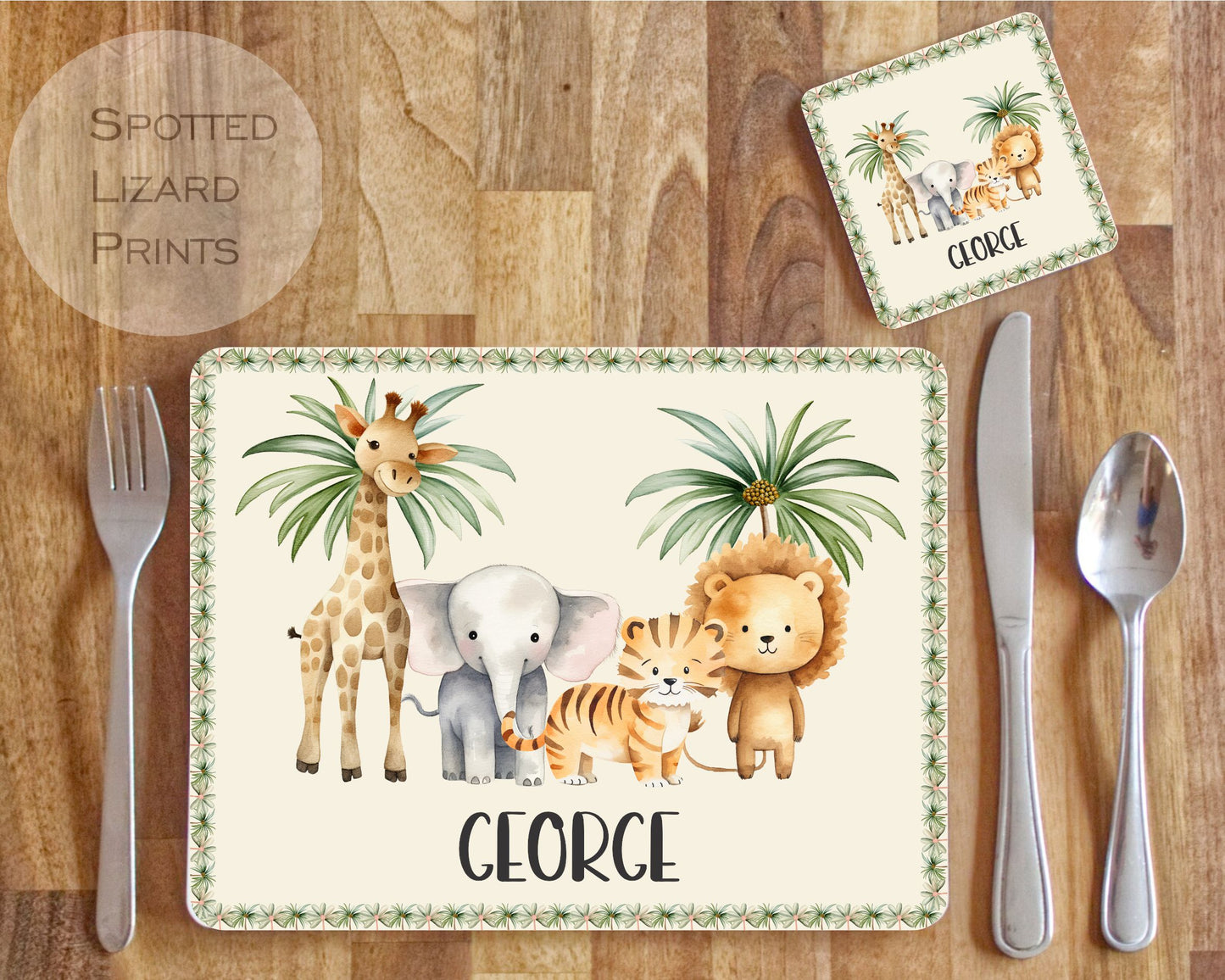 Personalised Safari Placemat and Coaster Set, Kid's Dinner Set, Safari gift, Children's Birthday Gift, Safari Placemat