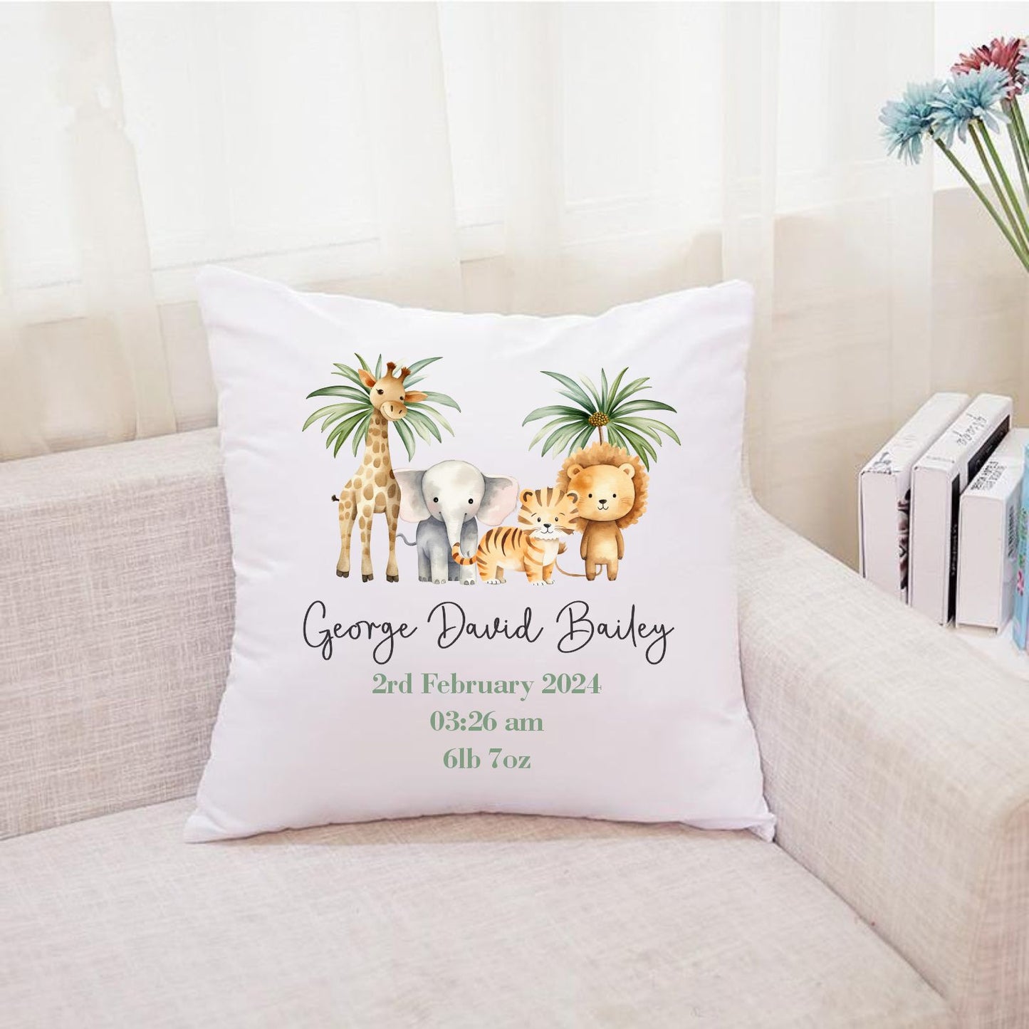 personalised safari animals cushion for new born babay