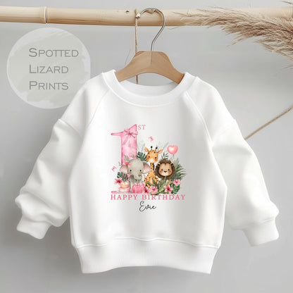 Personalised Safari First Birthday Sweatshirt, First Birthday Sweatshirt, Jungle 1st Birthday - 1st Birthday Gifts - Birthday Girl Jumper