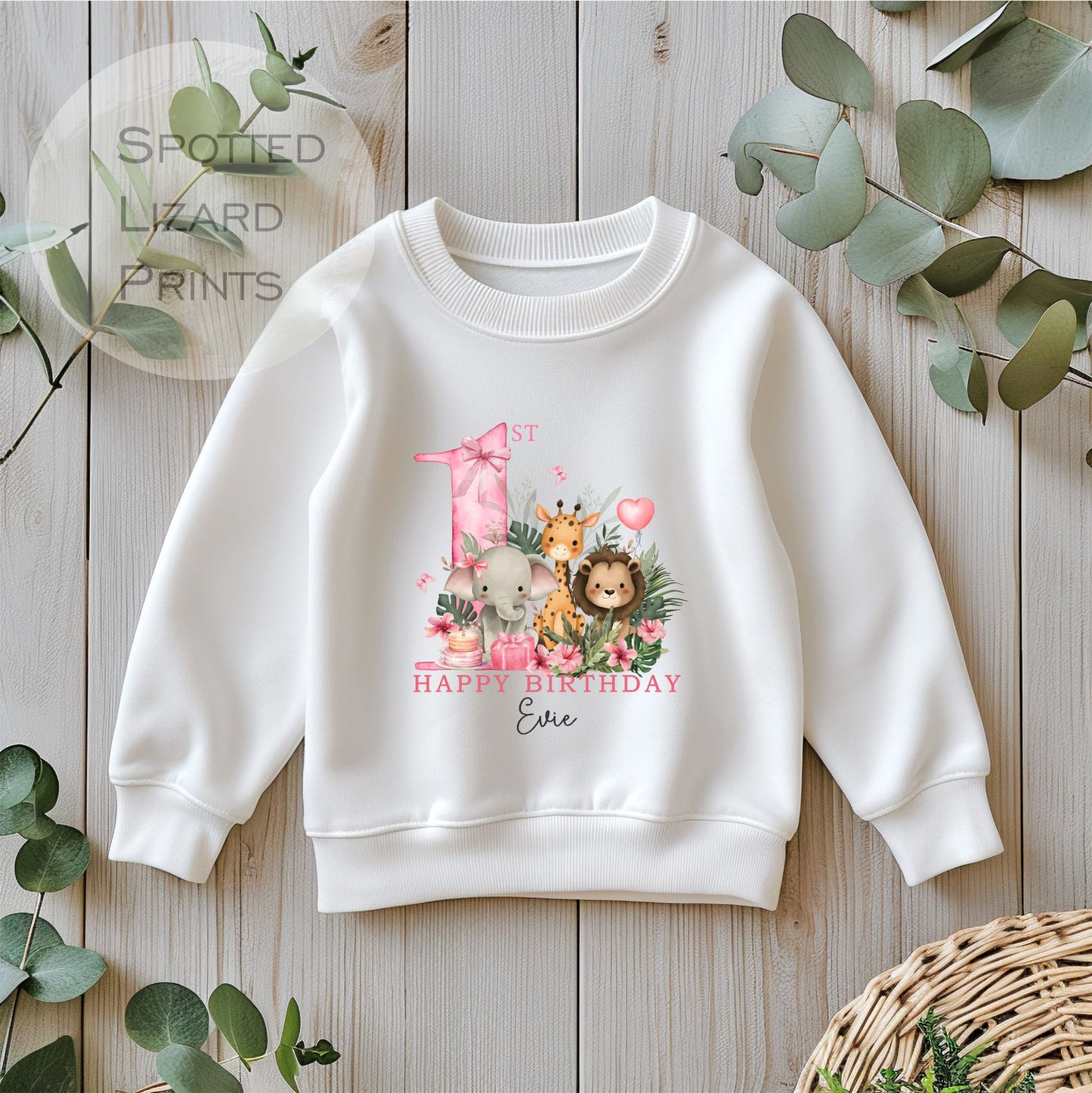 Personalised Safari First Birthday Sweatshirt, First Birthday Sweatshirt, Jungle 1st Birthday - 1st Birthday Gifts - Birthday Girl Jumper