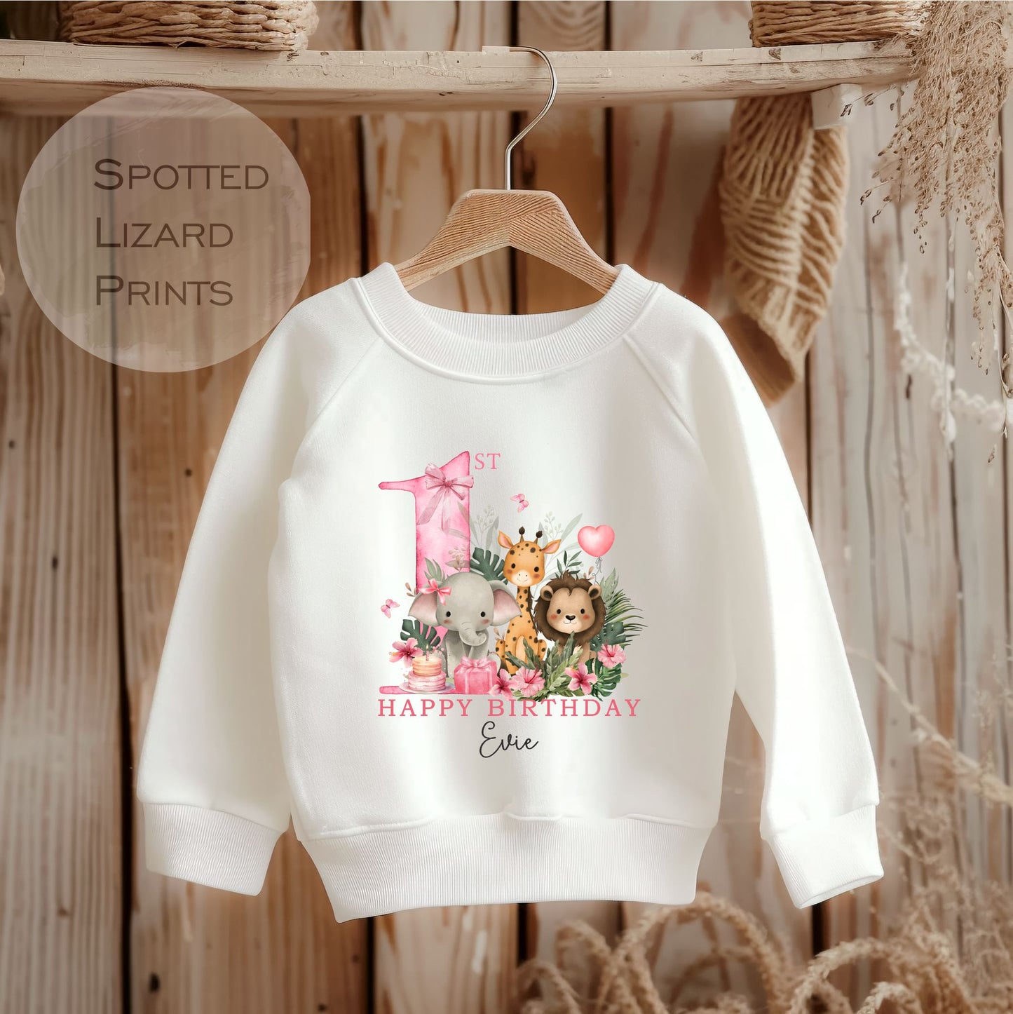 Personalised Safari First Birthday Sweatshirt, First Birthday Sweatshirt, Jungle 1st Birthday - 1st Birthday Gifts - Birthday Girl Jumper