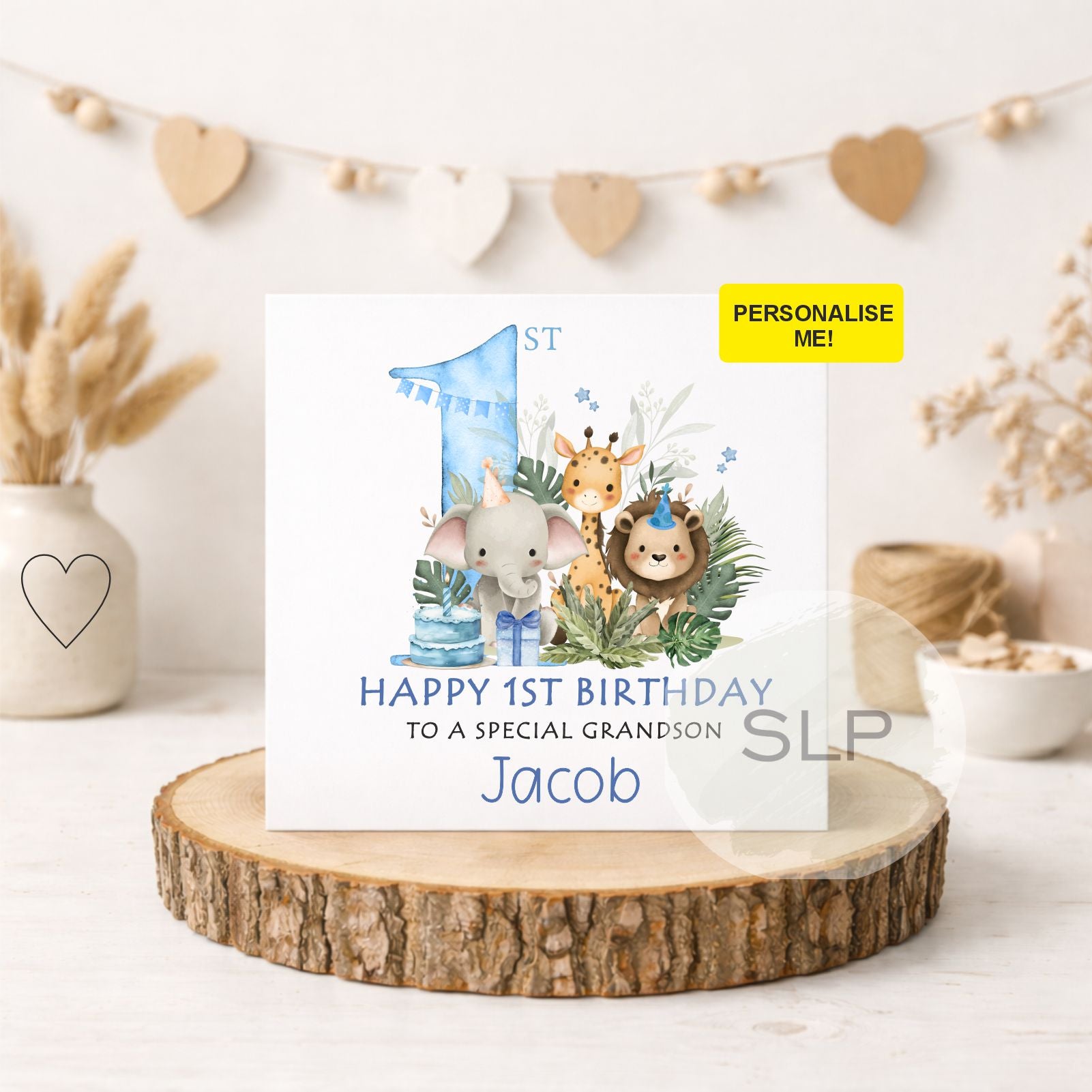 Personalised 1st Birthday Card for Boy – Safari First Birthday Card – Jungle Animals – Son, Grandson, Nephew – Custom Name