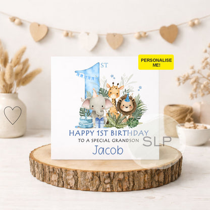 Personalised 1st Birthday Card for Boy – Safari First Birthday Card – Jungle Animals – Son, Grandson, Nephew – Custom Name