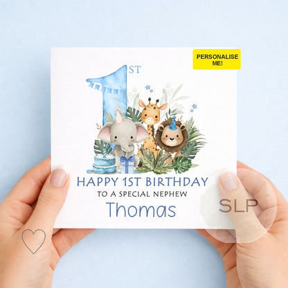 Personalised 1st Birthday Card for Boy – Safari First Birthday Card – Jungle Animals – Son, Grandson, Nephew – Custom Name