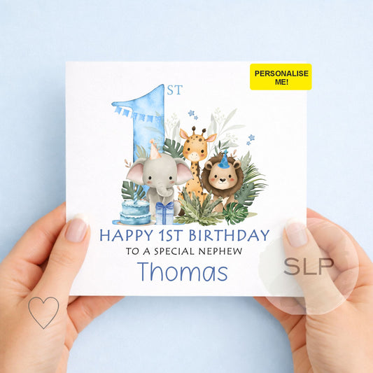 Personalised 1st Birthday Card for Boy – Safari First Birthday Card – Jungle Animals – Son, Grandson, Nephew – Custom Name