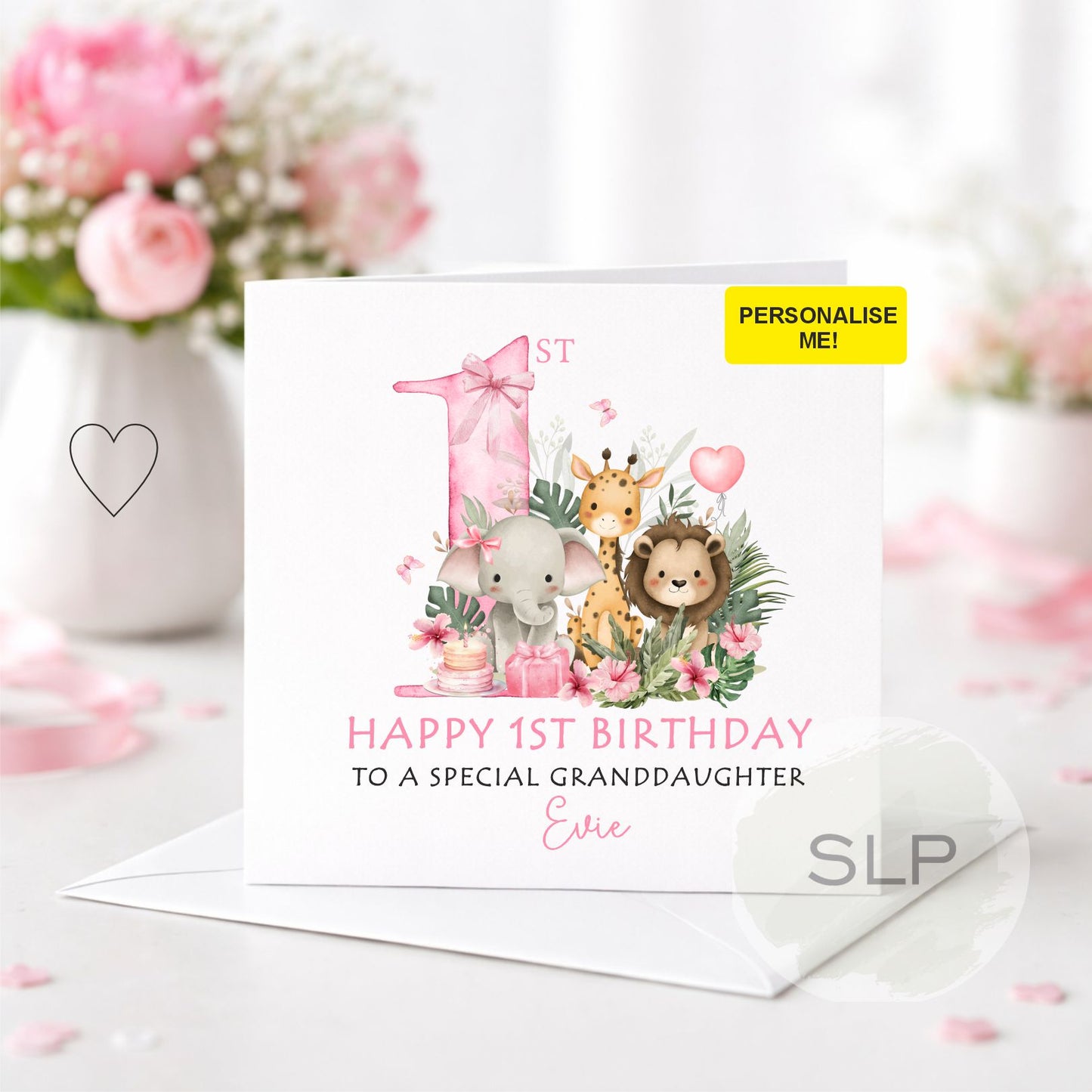 Personalised 1st Birthday Card for Girl – Cute Safari Animals – Pink First Birthday Card – Daughter or Granddaughter – Custom Name