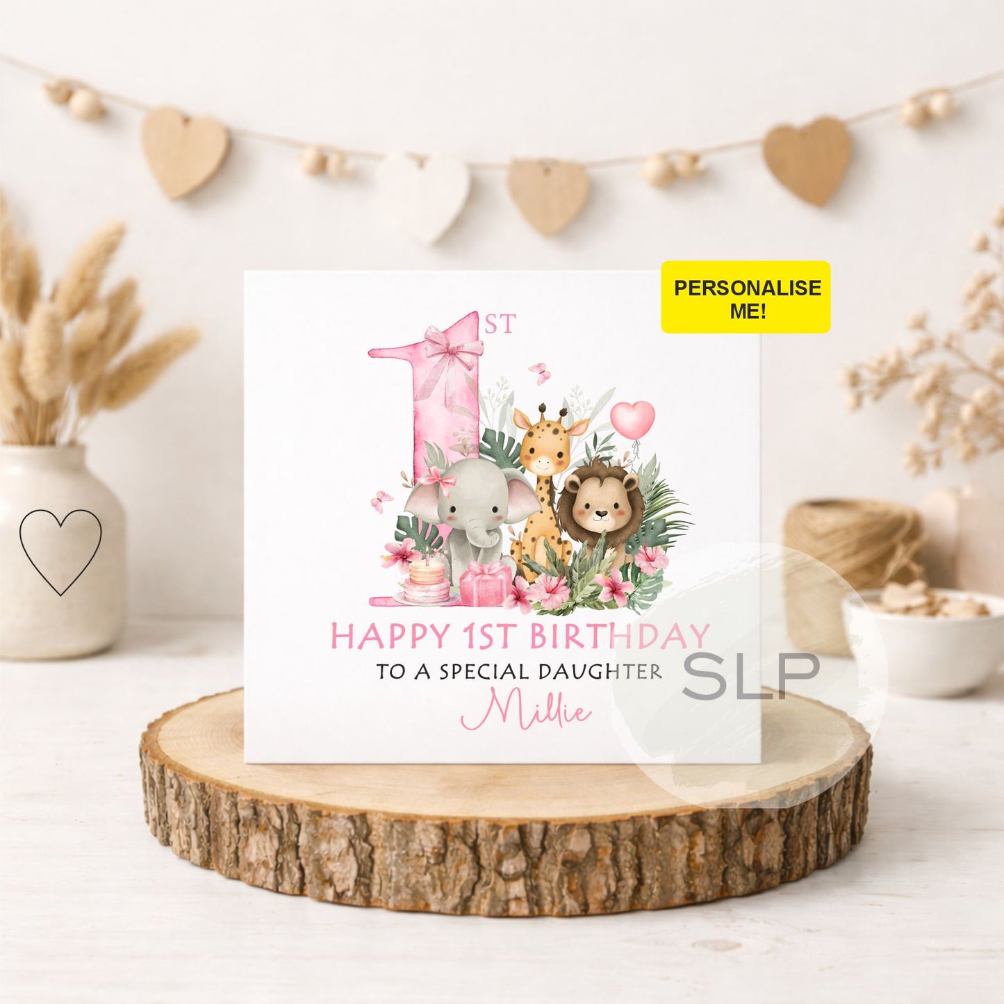 Personalised 1st Birthday Card for Girl – Cute Safari Animals – Pink First Birthday Card – Daughter or Granddaughter – Custom Name