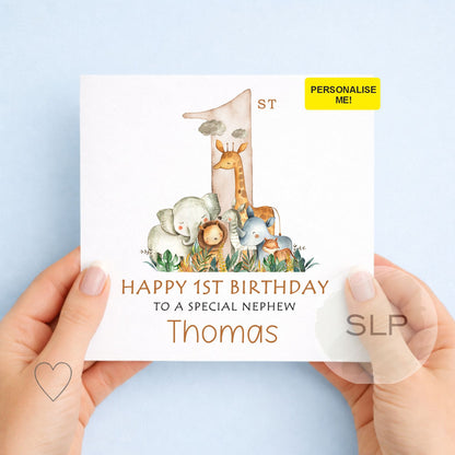 Personalised Safari First Birthday Card For Son, Grandson, Nephew, Godson | Jungle Birthday | Safari Animals 1st Birthday Card | Zoo Animals