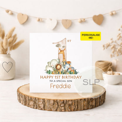 Personalised Safari First Birthday Card For Son, Grandson, Nephew, Godson | Jungle Birthday | Safari Animals 1st Birthday Card | Zoo Animals