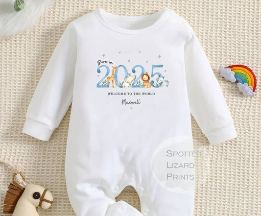 Born in 2025 Personalised Baby Sleepsuit. Personalised Gift for new Baby