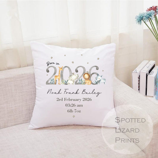 Born in 2026  Baby Cushion | Personalised Safari Cushion | Welcome to the world | Baby Gift | Cuddle Cushion | Christening Idea Gift