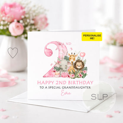 Personalised 2nd Birthday Card – Safari Animals Girl | Happy 2nd Birthday Granddaughter/Daughter | Custom Name Age 2 Pink Jungle Card