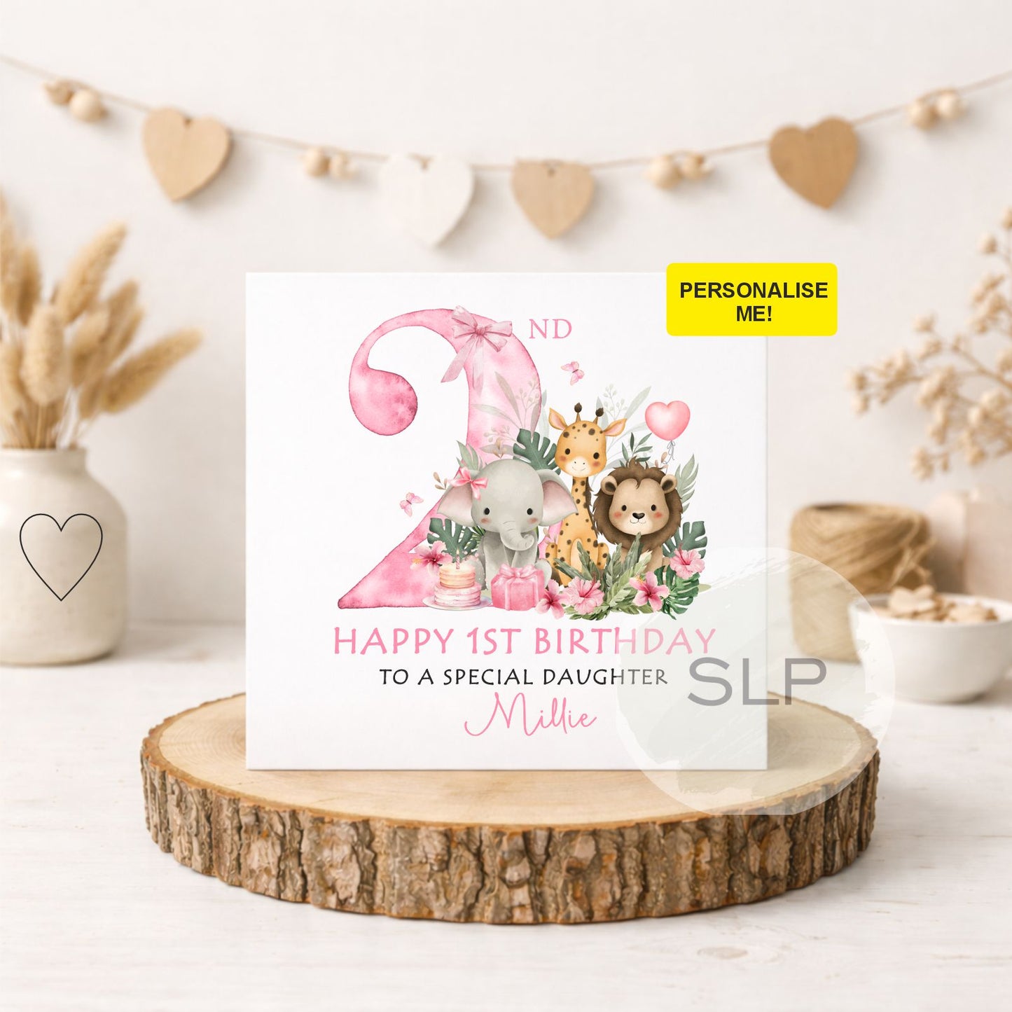 Personalised 2nd Birthday Card – Safari Animals Girl | Happy 2nd Birthday Granddaughter/Daughter | Custom Name Age 2 Pink Jungle Card