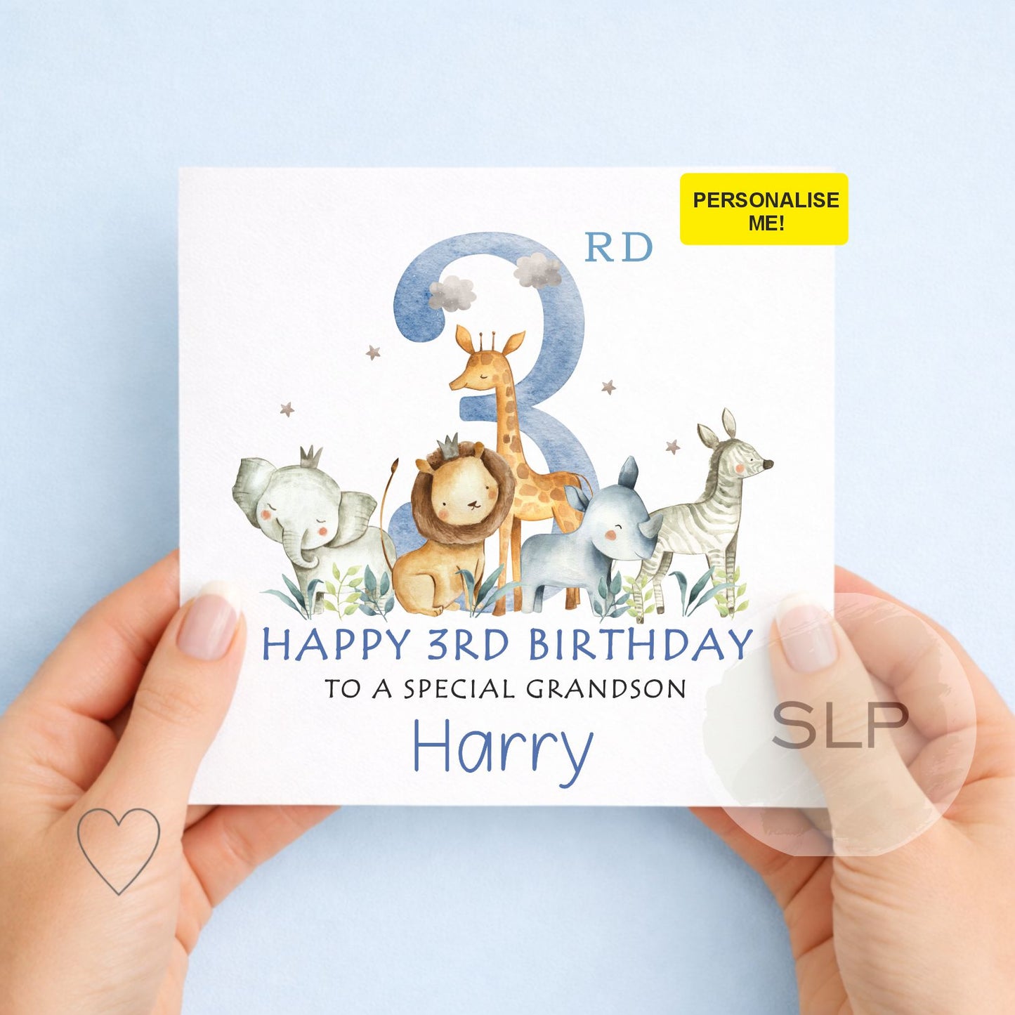 Personalised Safari Birthday Card – Any Age – Jungle Animals Birthday Card for Boy – Custom Name Grandson Nephew Son