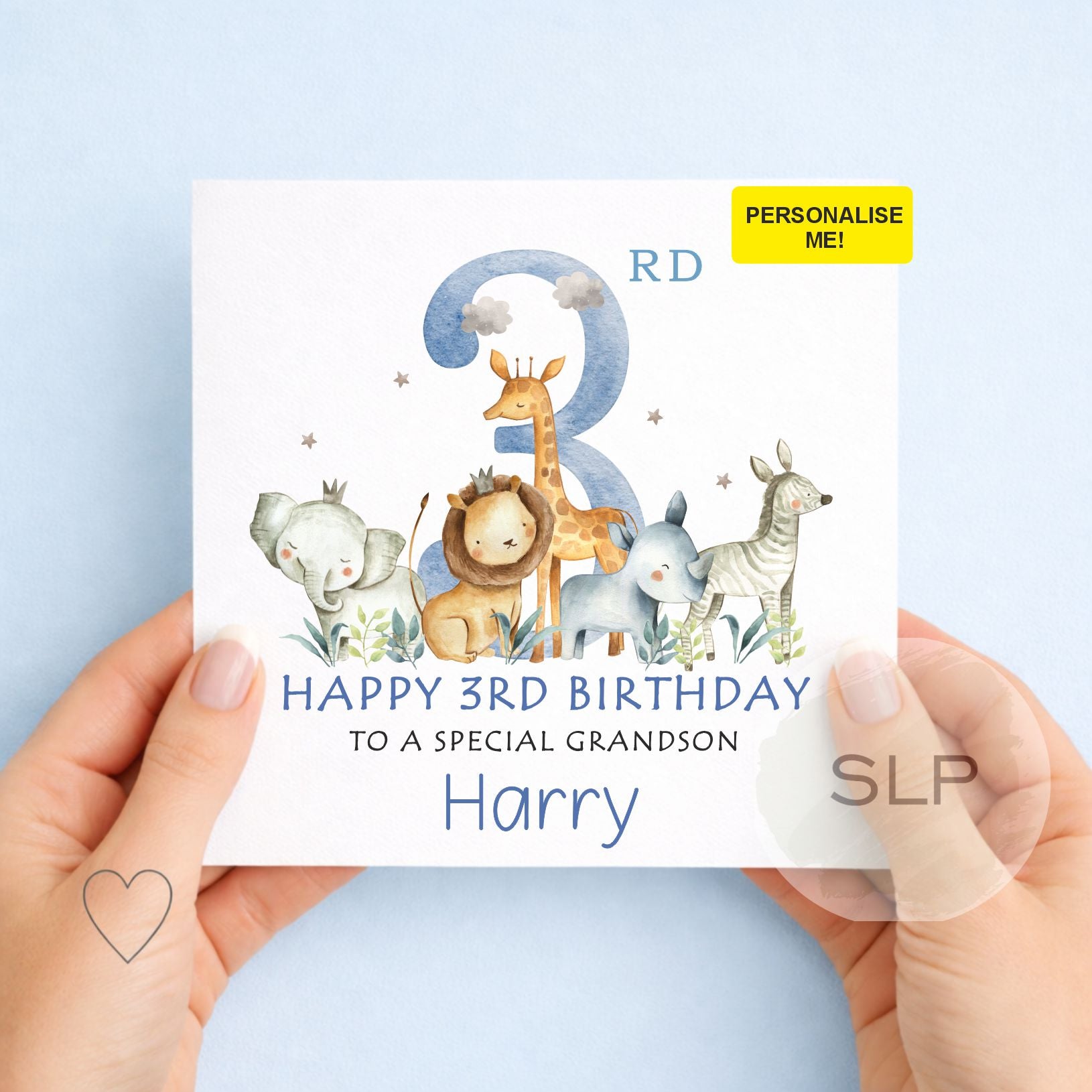 Personalised Safari Birthday Card – Any Age – Jungle Animals Birthday Card for Boy – Custom Name Grandson Nephew Son
