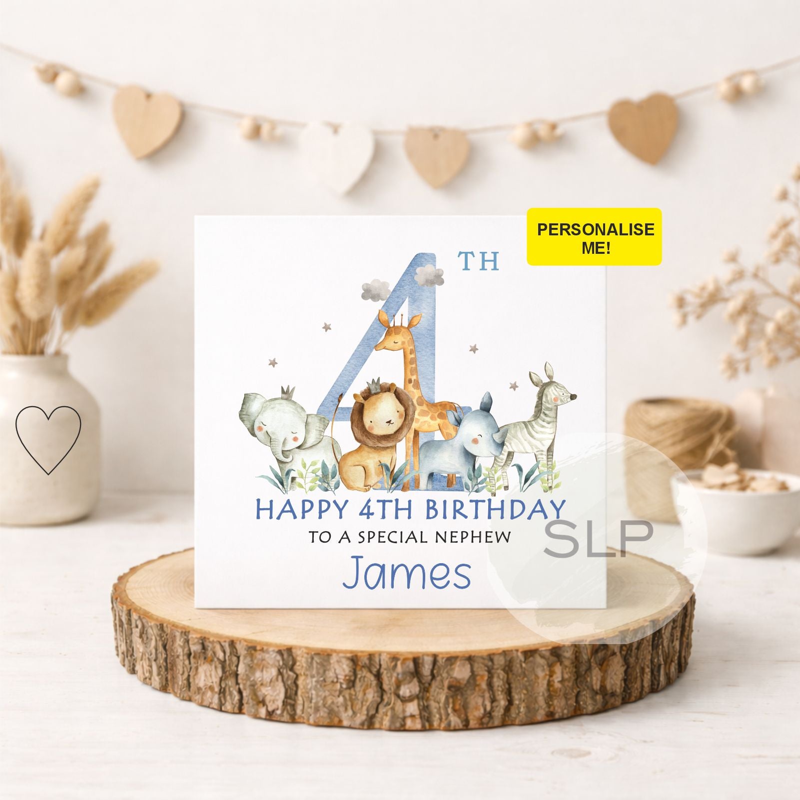 Personalised Safari Birthday Card – Any Age – Jungle Animals Birthday Card for Boy – Custom Name Grandson Nephew Son