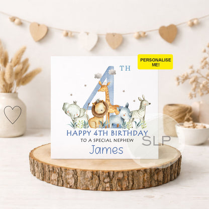 Personalised Safari Birthday Card – Any Age – Jungle Animals Birthday Card for Boy – Custom Name Grandson Nephew Son