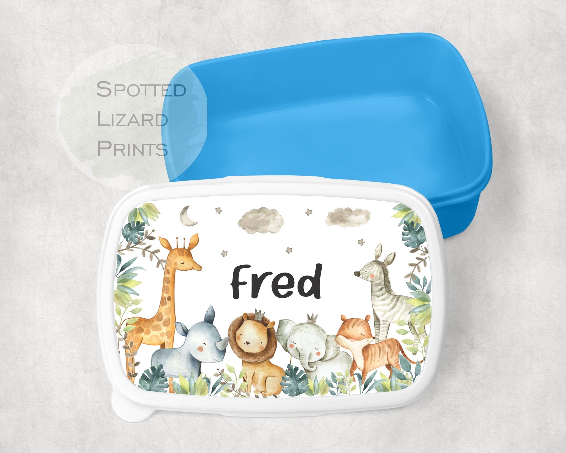 Blue Kids lunch Box. Diggers. Personalised with a name.