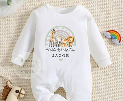 Hello World I'm Baby Vest, Baby Rompersuit- New baby arrival Vest, Sleepsuit - Safari New Baby Outfit