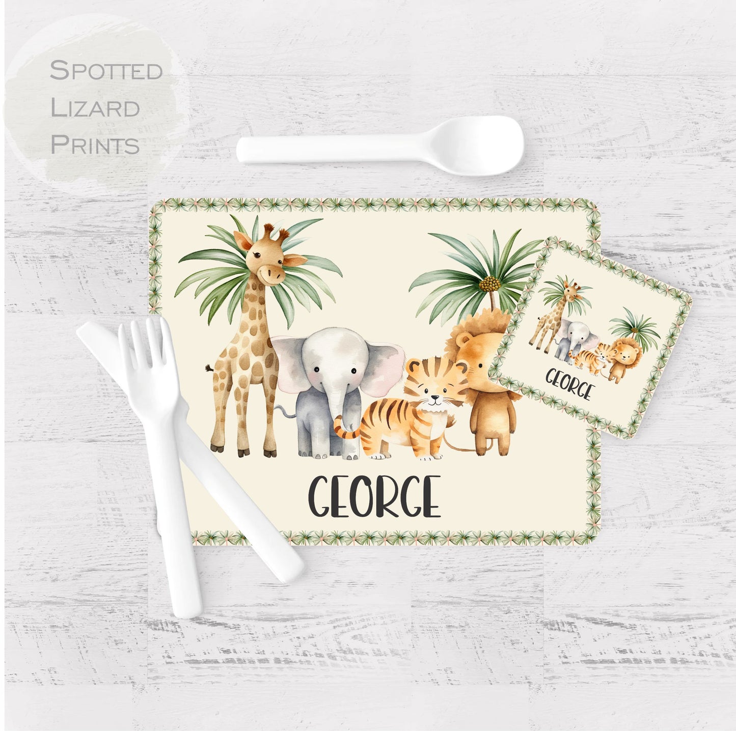 Personalised Safari Placemat and Coaster Set, Kid's Dinner Set, Safari gift, Children's Birthday Gift, Safari Placemat