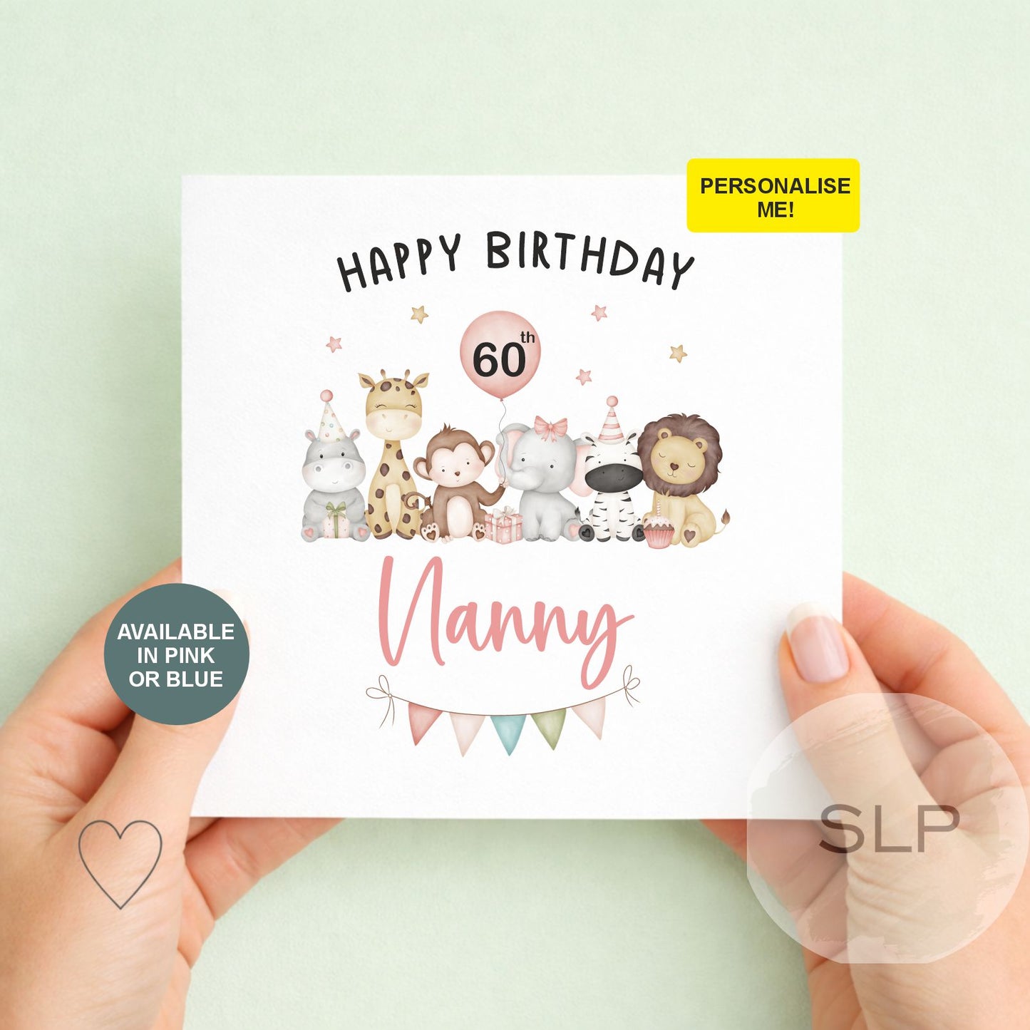 Personalised Safari Animals Milestone Birthday Card – 60th, 70th – Nanny, Nana, Grandma – Pink or Blue