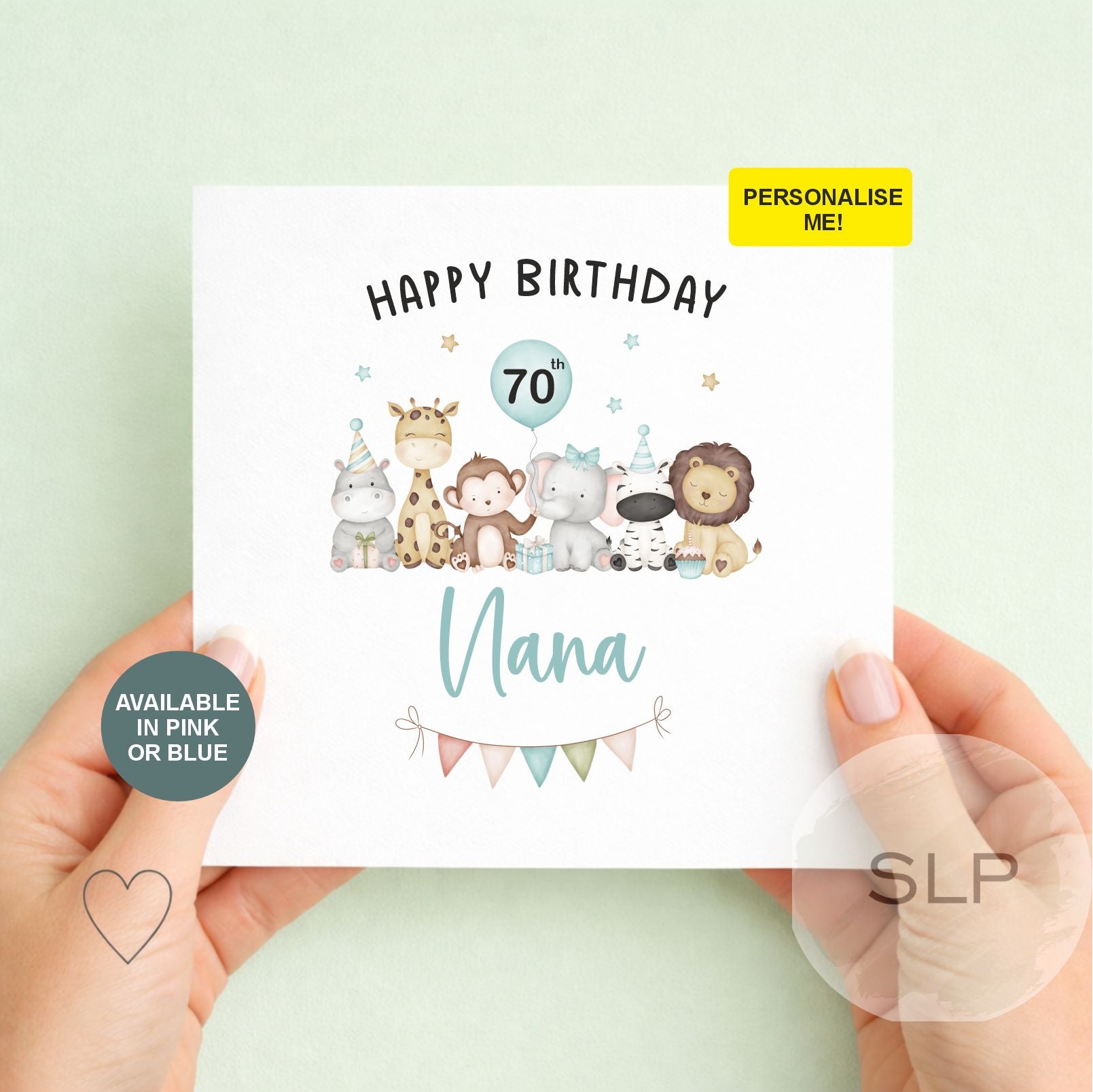 Personalised Safari Animals Milestone Birthday Card – 60th, 70th – Nanny, Nana, Grandma – Pink or Blue