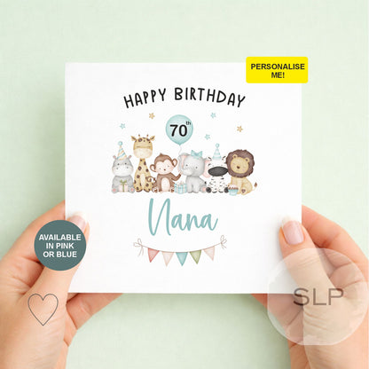 Personalised Safari Animals Milestone Birthday Card – 60th, 70th – Nanny, Nana, Grandma – Pink or Blue