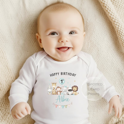 Personalised Safari First Birthday Sleepsuit