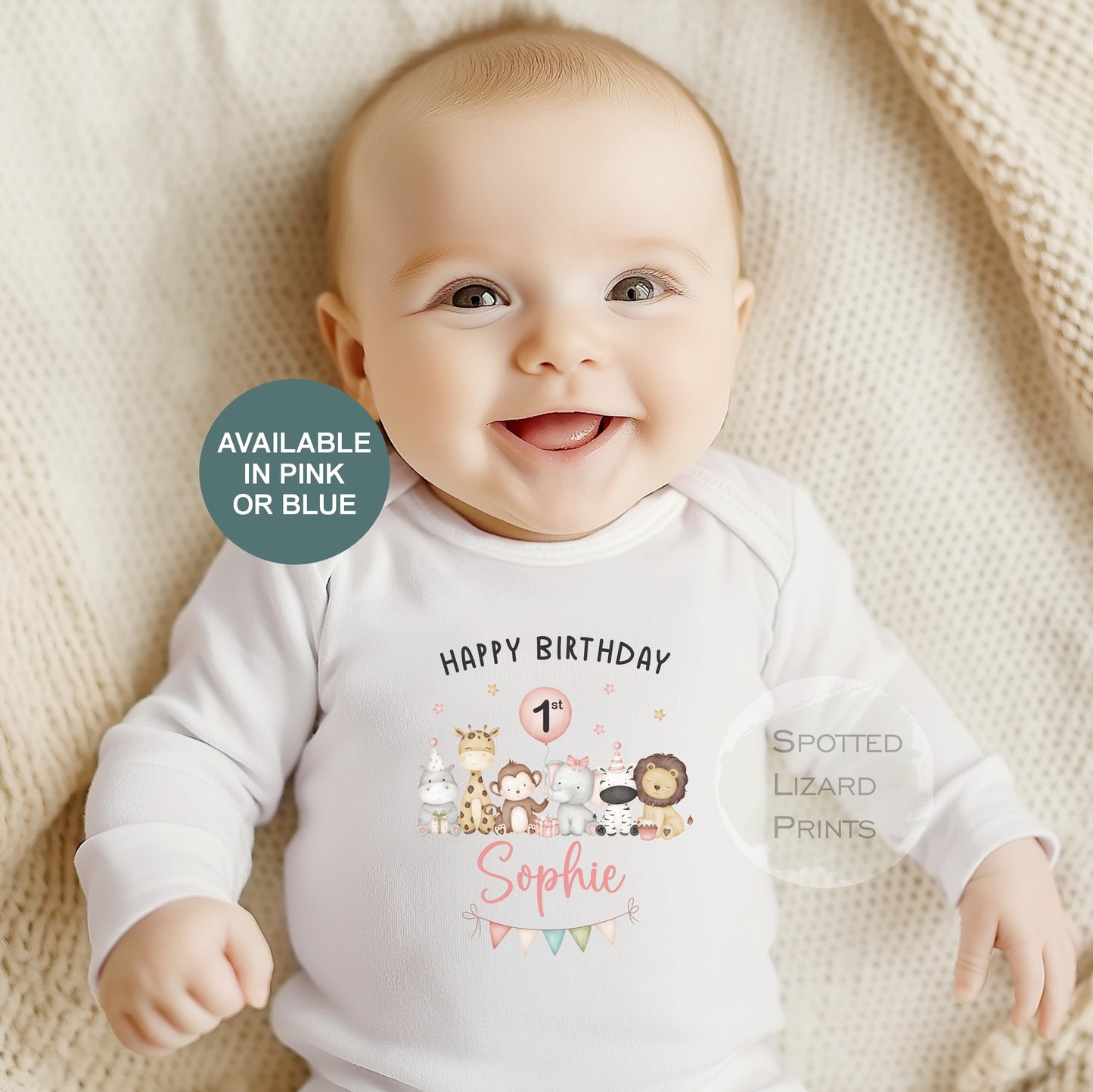 Personalised Safari First Birthday Sleepsuit