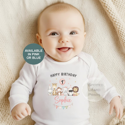 Personalised Safari First Birthday Sleepsuit