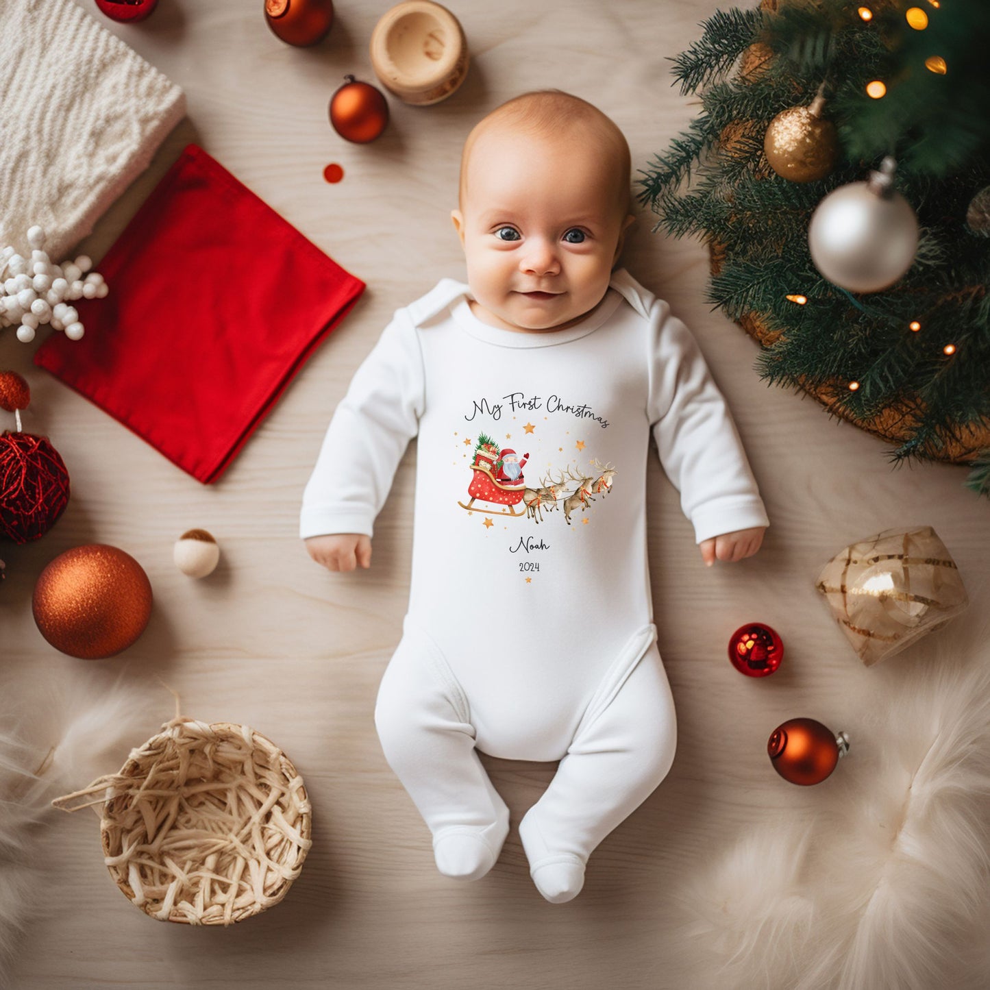 first christmas santa sleigh baby sleepsuit