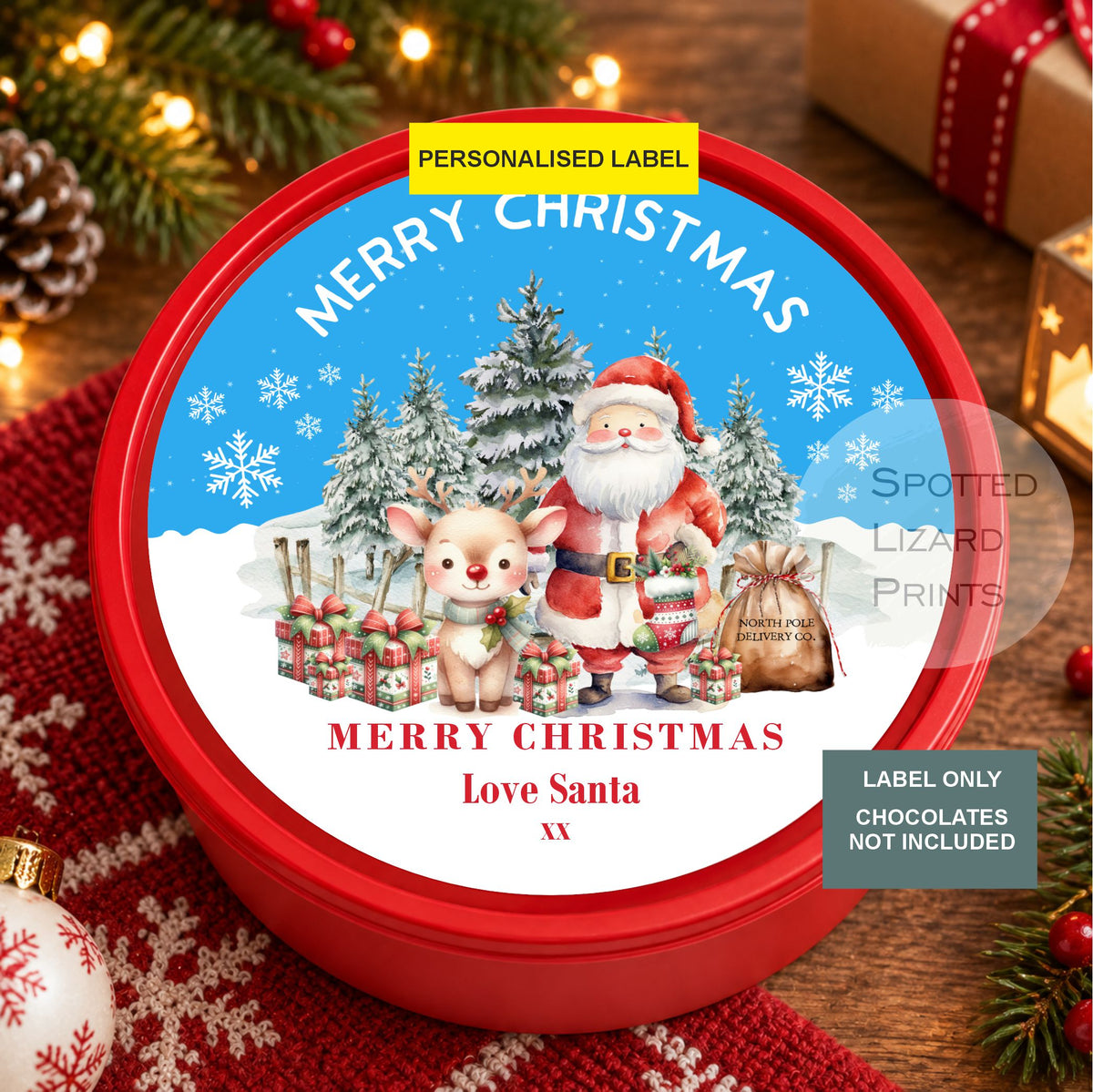 Personalised Christmas Chocolate Tub Sticker, Santa Mail Treat Tub Label, Christmas Eve Sweet Sticker, Kids Xmas Gift