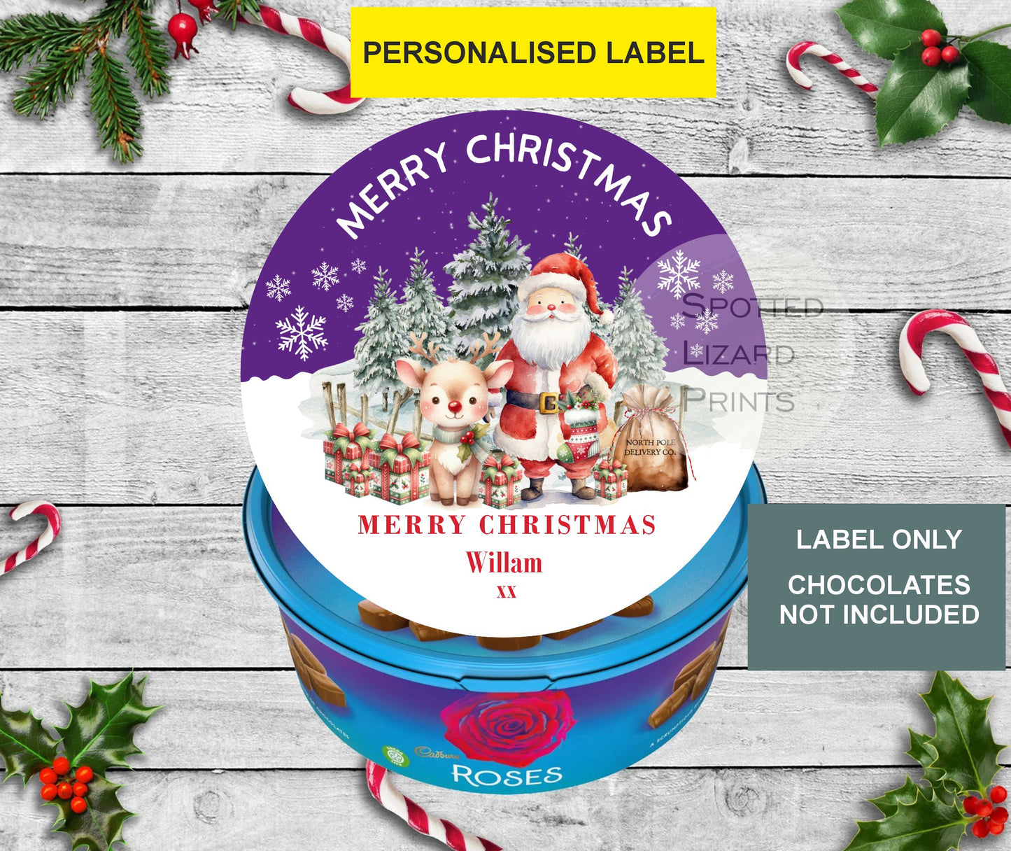Personalised Christmas Chocolate Tub Labels, Merry Christmas Stickers