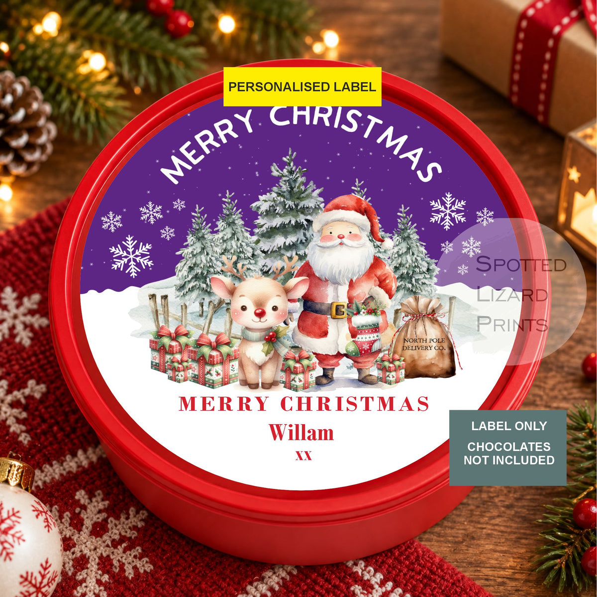 Personalised Christmas Chocolate Tub Sticker, Santa Mail Treat Tub Label, Christmas Eve Sweet Sticker, Kids Xmas Gift